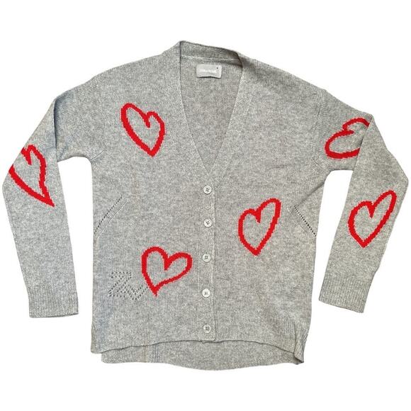 Zadig & Voltaire Mirka Htr Grey Red Hearts Cashmere Button Cardigan Sweater XS - Picture 1 of 7